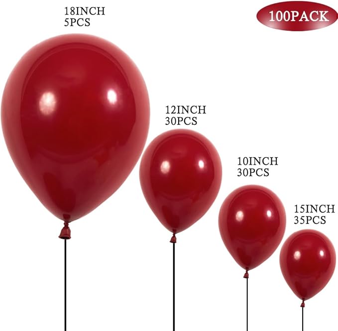 Ruby Red Balloons 100 pcs Dark Red Latex Balloon Different Sizes 18 12 10 5 Inch Premium Helium Balloons for Balloon Garland Arch Birthday Party Wedding Valentine's Day Christmas Decorations