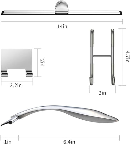 Shower Squeegee Set, 14-Inch Stainless Steel Squeegee, All-Purpose Squeegee for Bathroom, Shower Doors, Mirrors, Tiles, and Car Windows - 100% Streak Free, Includes Shower Door Hook and Adhesive Hook
