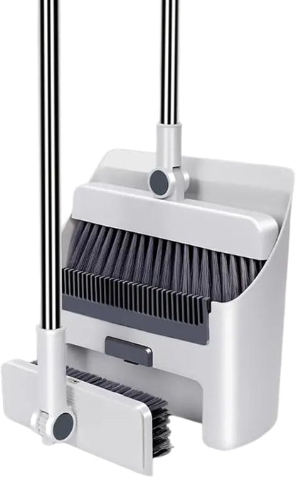 Broom with Dustpan Combo Set, 3 in 1 for Sweeping Indoor and Push Broom Outdoor with Dust Pan, 14.2 to 48.8 inch Adjustable Long Handle Broom and Dustpan Set (White)