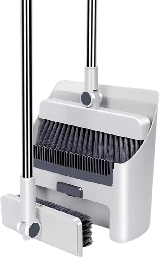 Broom with Dustpan Combo Set, 3 in 1 for Sweeping Indoor and Push Broom Outdoor with Dust Pan, 14.2 to 48.8 inch Adjustable Long Handle Broom and Dustpan Set (White)