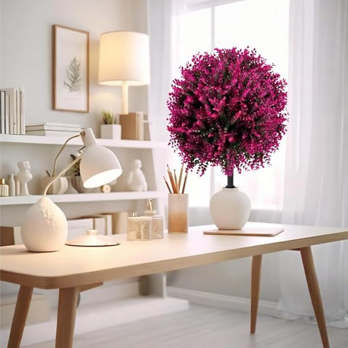 Artificial Boxwood Topiary Ball Tree with Ground Spike 27.5", Set of 2 Outdoor Faux Plants UV Resistant Fake Bushes Shrubs for Garden, Yard, Porch, Patio Decor (Hot Pink)