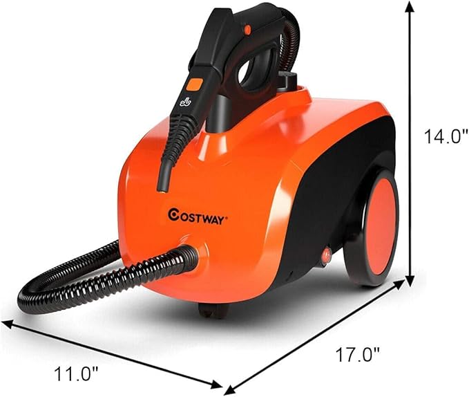 COSTWAY Multipurpose Steam Cleaner with 19 Accessories, Heavy Duty Household Steamer Chemical-Free Cleaning, 1.5L Dual-Tank Rolling Cleaning Machine for Carpet, Floor, Window and Car, Orange+Black