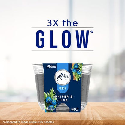 Glade Juniper & Teak Fresh Collection Candle - Fragrance Infused with Essential Oils, Air Freshener, 3-Wick, 6.8 Oz, 3 Count