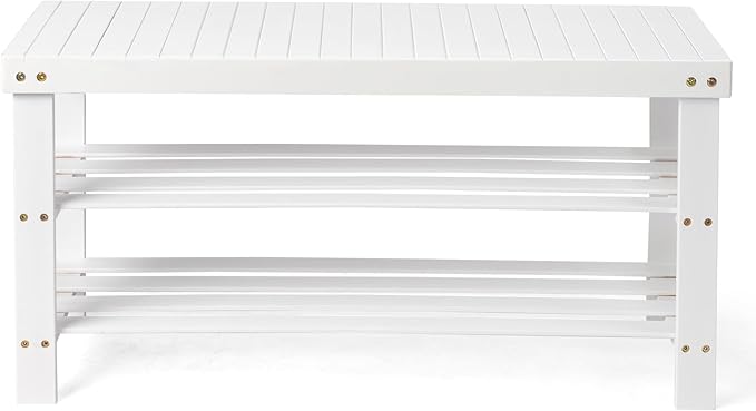Bamboo Shoe Bench 90cm, 2-Tier White Color Slatted Entryway Bench, Multifunctional Storage Bench for Hallway Living Room