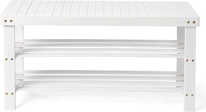 Bamboo Shoe Bench 90cm, 2-Tier White Color Slatted Entryway Bench, Multifunctional Storage Bench for Hallway Living Room