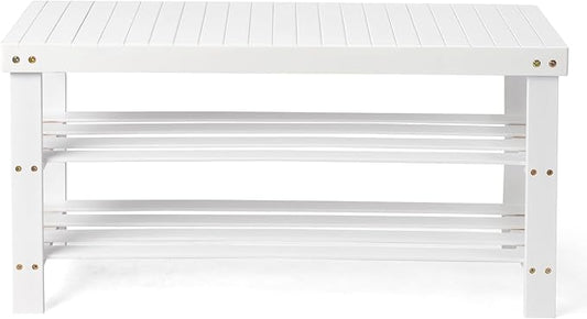 Bamboo Shoe Bench 90cm, 2-Tier White Color Slatted Entryway Bench, Multifunctional Storage Bench for Hallway Living Room