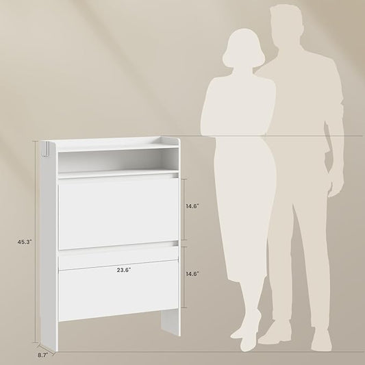 Shoe Cabinet Organizer with 2 Flip Drawers，Freestanding Shoe Rack Cabinet, Shoe Cabinet Storage for entryway, Foyer, Hallway, White, 31.5" W