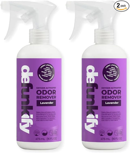 Odor Remover Spray, 16oz (2-Pack). 'Lavender' Essential Oil Odor Eliminator for Strong Odors on Fabric, Shoes, Activewear. 'ProvenSafe' Deodorizer for Pets, Kids & Sensitive Gear w/Ionic Silver