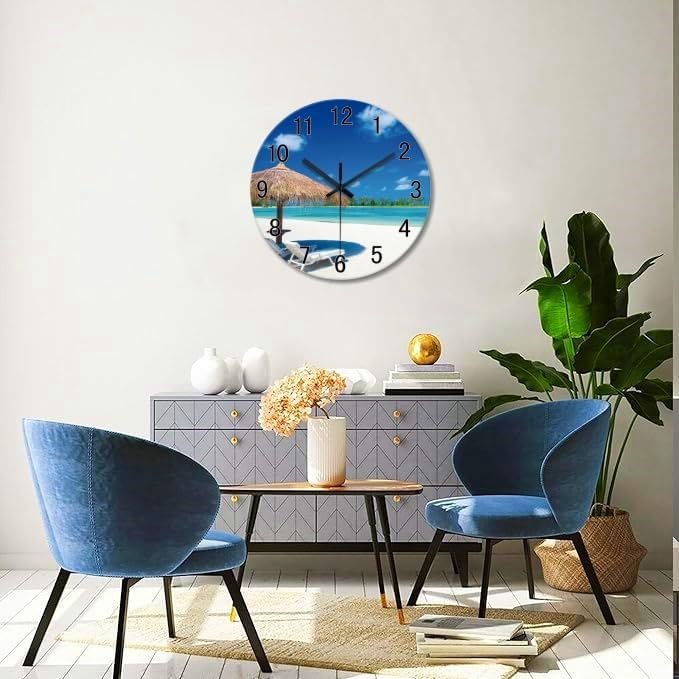 XFM Blue Beach Wall Clock 14 Inch Silent Ocean Wall Clocks Battery Operated Tropical Summer Coastal Clock for Bedroom Living Room Office