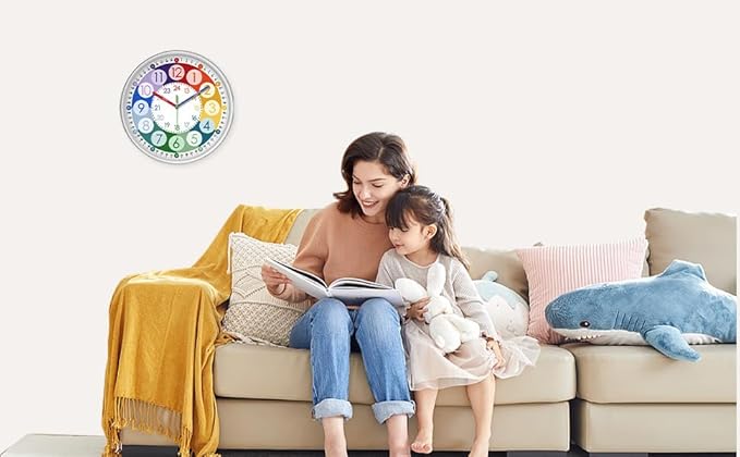 XFM Teaching Clocks Kids Colorful Small Wall Clock Battery Operated 10 Inch Silent Wall Clock Bedroom Analog Clock Teach Kids How Tell Time