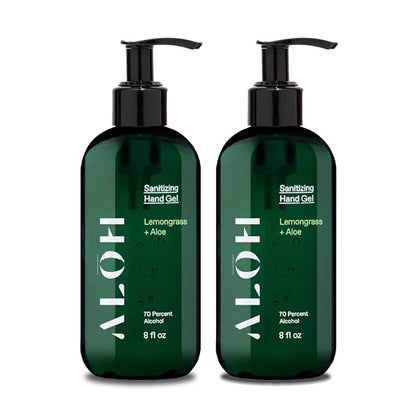 ALŌH Sanitizing Hand Gel 2-pack | Lemongrass + Aloe | 70% Alcohol Hydrating Hand Sanitizer Gel with Essential Oil, for Kids & Adults | 8oz Size Bottle (Set of 2)