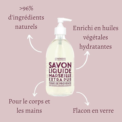 Compagnie de Provence Savon de Marseille Extra Pure Liquid Soap - Fig of Provence - 16.7 Fl Oz Glass Pump Bottle