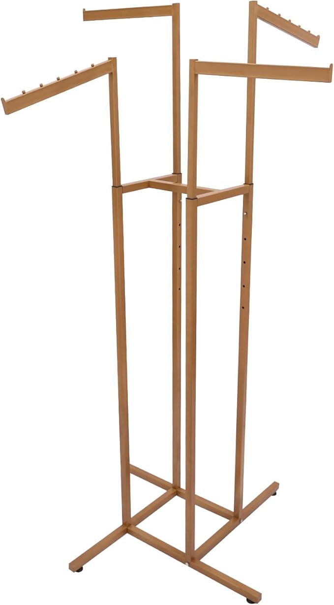 Clothing Rack - Heavy Duty 4 Way Adjustable Clothing Rack with Slanted Arms, Retail Clothing Rack Display With 2 Straight Arms and 2 Slanted Arms Perfect for Clothing Store Display (Gold)