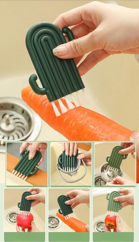 Kitchen Cleaning Brush Set with Holder & Drip Tray – 3 Head Cactus Scrub Brush, Row Brush, Mini Dish & Pot Brushes – Durable Multi-Purpose Scrubbers for Sink, Pans, Plates, Cups (Green)