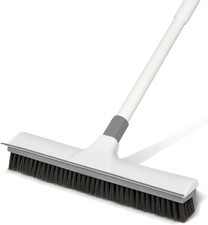 Floor Scrub Brush with 60-Inch Handle Length Adjustable, 2-in-1 Push Broom with Squeegee, Floor Scrubber Broom Stiff Bristles for Cleaning Bathroom, Kitchen, Tile, Deck, Patio, Garage