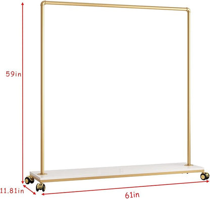 Gold Metal Clothing Rack with Wood Shelf, Heavy Duty Rolling Garment Rack with Wheels for Bedroom Retail Boutique Use (61L inches)