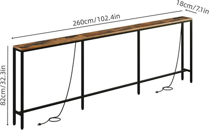 102.4" Behind Couch Table with 2 Fast Charging Stations, 7.1" Narrow Skinny Sofa Table with 4 Power Outlets, 4 USB-A, 2 USB-C for Console Entryway, Rustic Brown