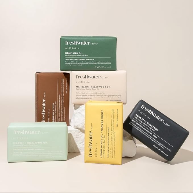 Freshwater Farm Australia Natural Soap Bar- Tea Tree + Eucalyptus Oil| 7oz x 8 Pack.Castile Bar Soap, Soap Bar, Natural Bar Soap, Body Soap Bars With Essential Oil For Sensitive Skin