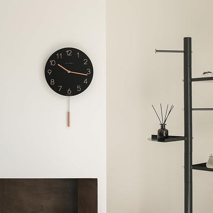 mooas Flatwood Wall Clock Pendulum Black,12" Wood Wall Clock Non-Ticking Sweep Movement Decorative Clock Battery Operated Clock for Home Living Room Kitchen Bedroom Office School