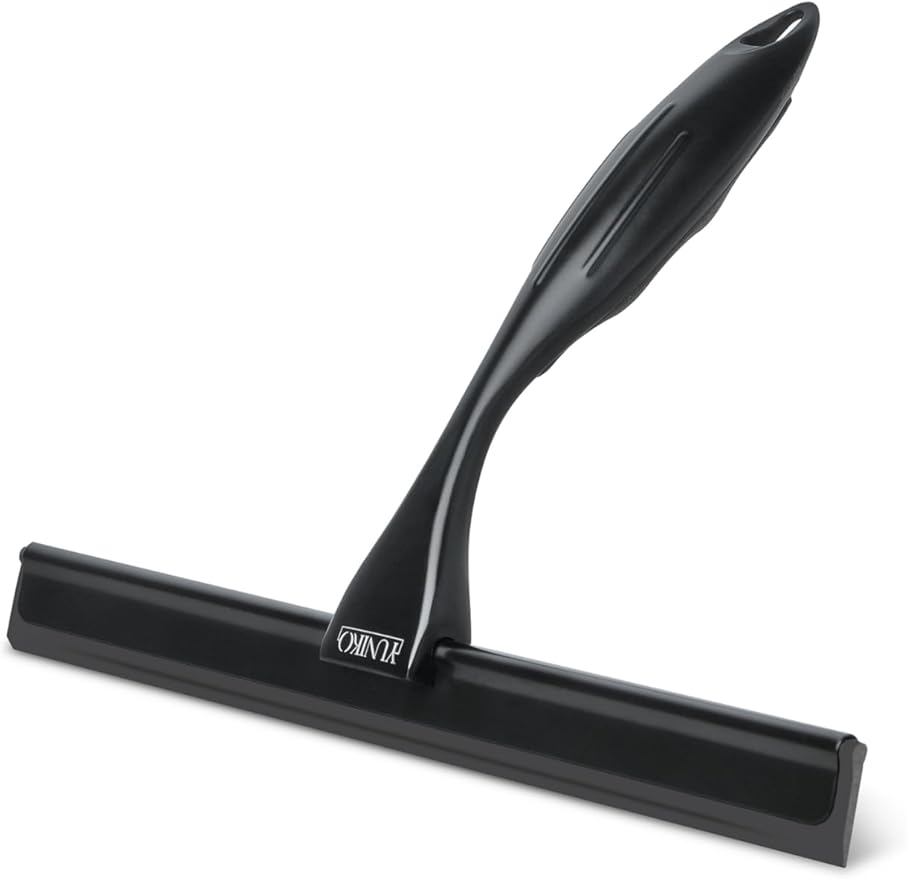 YUNIKO Shower Squeegee – Black Stainless Steel with Silicone Blade for Shower Doors, Windows, Mirrors, Tiles & Car Windows – Includes 2 Adhesive Hooks, Assembly Tool & Microfiber Cloth