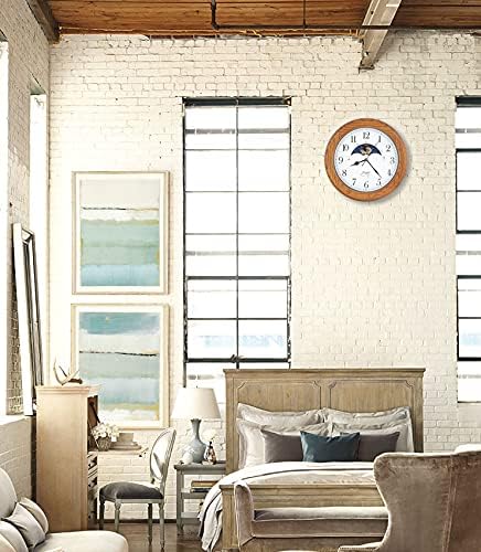 JUSTIME 14 Inch Exclusive Solid Oak Wood Non-Ticking Sweep Mechanical Specialty Moon Phase Moving Dial Wall Clock, Gift, Home Décor