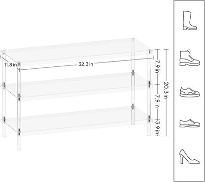 Aquiver 3-Tier Acrylic Shoe Rack - Modern Shoe Rack for Closet - Shoe Storage Organizer for Entryway, Bedroom, Living Room - 32.3'' L x 11.8'' W x 20.3'' H, Holds 12-16 Pairs of Shoes, Easy to Clean