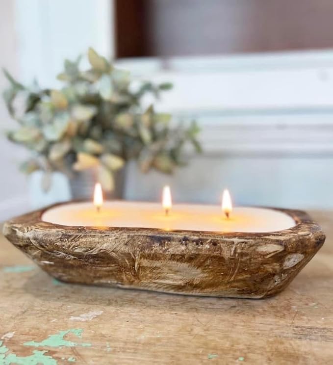 Aira Dough Bowl Candle - Organic, Kosher, Vegan, Hand Carved Wood Bowl Candle w/Aromatherapy Essential Oils - Hand-Poured 100% Soy Candle Wax - Paraffin Free, Long Lasting - Vanilla Lavender - 13 Oz