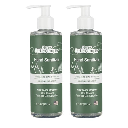 Happy Little Camper Hand Sanitizer with Lemon Zest Scent - Moisturizing Gel with Vitamin E & Antimicrobial Formula- Contains 70% Ethyl Alcohol - Travel Size, Made in USA - 2x 8oz bottles