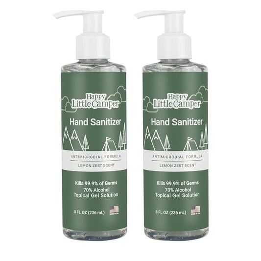 Happy Little Camper Hand Sanitizer with Lemon Zest Scent - Moisturizing Gel with Vitamin E & Antimicrobial Formula- Contains 70% Ethyl Alcohol - Travel Size, Made in USA - 2x 8oz bottles