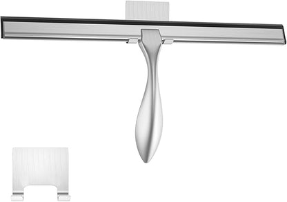 peafowl Shower Squeegee Stainless Steel Bath Squeegee for Shower Glass Doors Bathroom Windows Kitchen Mirror and Car Glass with Hooks Holder (14 inch, Brushed Silver)