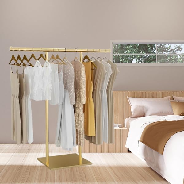 Gold Clothing Rack for Boutique, Gold Garment Rack, Double Pole Supported Stable Metal Retail Clothes Stand, Freestanding Clothes hanging Rack in Bedroom and Laundry Room (gold, 39.37X51.18in)