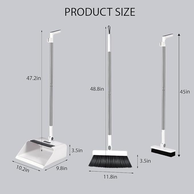 Upgrade Broom with Dustpan Combo Set，Long Handle Self-Cleaning Dust Pan and Brush Set 4-Row Dense Bristles，Indoor Broom Set (White)