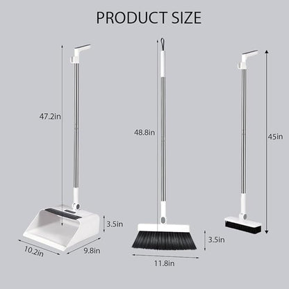Upgrade Broom with Dustpan Combo Set，Long Handle Self-Cleaning Dust Pan and Brush Set 4-Row Dense Bristles，Indoor Broom Set (White)
