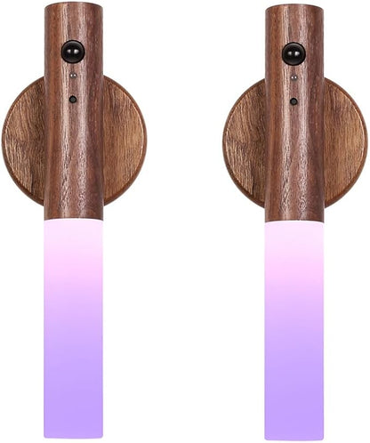 LANDGOO 2 Pack Walnut Night Lights with Motion Sensor & RGB Touch Control | USB-C Rechargeable Wood Wall Sconces Set for Bedroom Pair, Hallway, Staircase, Bathroom Vanity (Luxury Bundle)