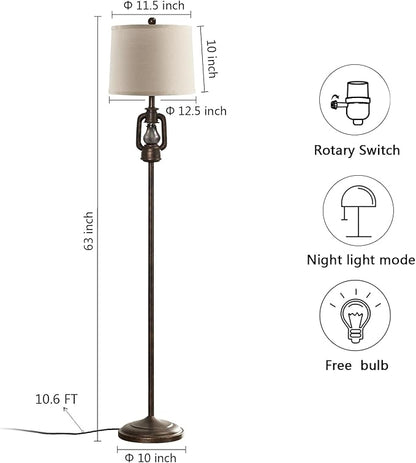 63'' Farmhouse Lantern Floor Lamp for Living Room with 2 Light Sources, Rustic Vintage Resin Tall Standing Lamp with Glass Night Light for Bedroom Office Study Room, Bulb Included (Bronze)