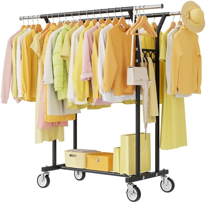 Clothing Racks for Hanging Clothes: Heavy Duty Rolling Garment Rack 600LBS Coat Rack with Wheels Shelves Portable Closet Wardrobe Adjustable Metal Sturdy Cloth Rack Hanger Storage Organizer Black