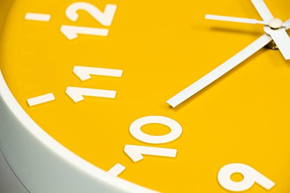 JENLYSTIME 12 Inch Modern Indoor Outdoor Clock,Round Bright Colorful Dial,Non Ticking Silent Quartz Battery Operated Wall Clocks,Easy to Read Simple Style Decor Clock for Bedroom,Kitchen(Yellow)