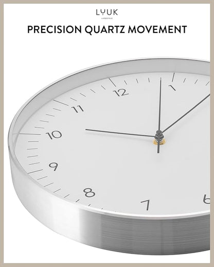 LUUK LIFESTYLE Modern Wall Clock Without Ticking, Pure Minimalist Design, legible Digits, Home Decor for Living Room, Office, in White and Silver