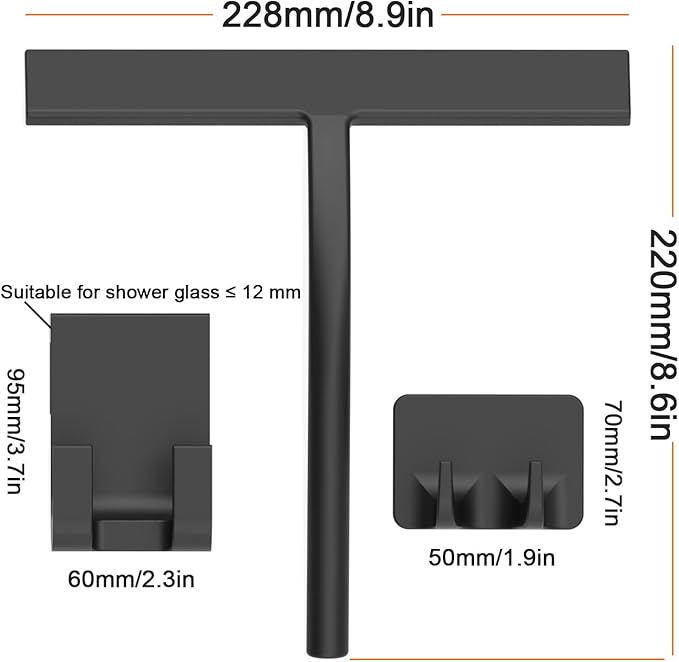 Squeegee, Matte Black 9 inch, Streak Free Cleaning, Shower Squeegee for Glass Doors, Bathroom, Shower Doors, Mirrors, Tiles and Car Windows,Silicone Squeegees,Shower Cleaner with 2 Hooks.