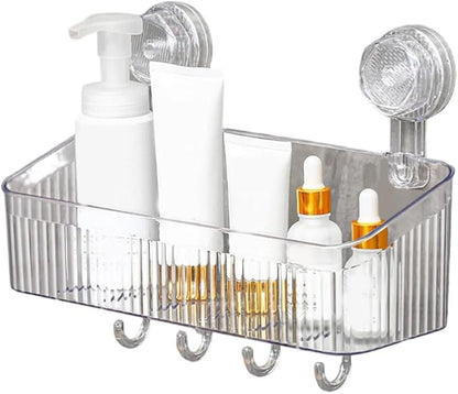 No-Drill Bathroom Suction Storage Box, Corrugated Suction Cup Wall Organizer, Removable Hanging Storage Basket with Strong Hold, Acrylic Shower Caddy for Bathroom (Clear L)
