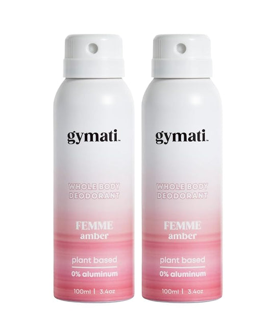 Gymati - Fitness Deodorant Spray for Women - Aluminum-Free - All Day Ultimate Odor Protection - Built For Sweat - Air-Powered - Vegan & Plant-Based - Made in USA - Femme - 3.4oz Travel Size - 2 Pack