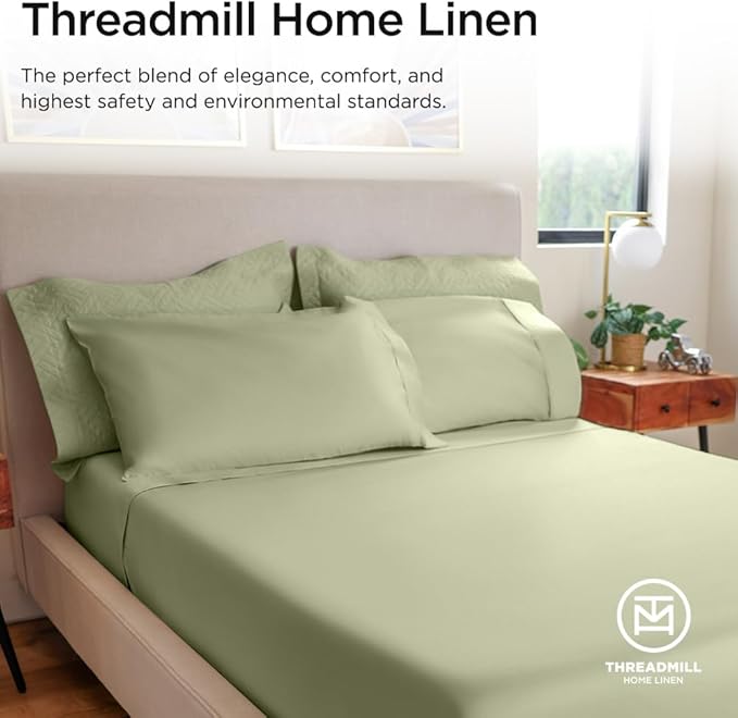 Threadmill 100% Cotton Sheets for Twin Size Bed - 600 Thread Count Twin Bed Sheets Set with 15” Deep Pocket - Sateen Weave 3-Piece Bedding Set with Cooling Effect, Sage Green