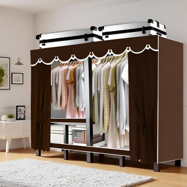 Foldable Portable Wardrobe Closet with Cover, Heavy Duty Clothing Rack for Hanging Clothes has 59in Vertical Storage Space, Coffee Metal Garment Rack (Coffee, 70.9in)