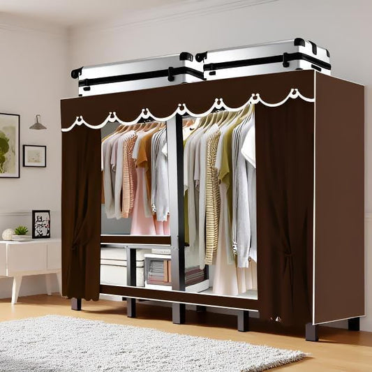 Foldable Portable Wardrobe Closet with Cover, Heavy Duty Clothing Rack for Hanging Clothes has 59in Vertical Storage Space, Coffee Metal Garment Rack (Coffee, 70.9in)
