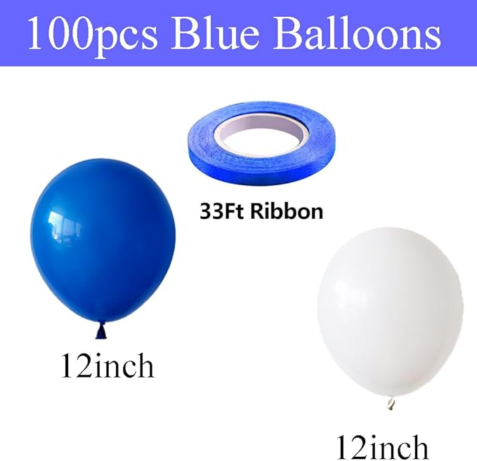 100pcs Royal Blue and White Latex Balloons 12 Inch w/Ribbon for Birthday Graduation Wedding Bridal Baby Shower Celebration Party Decorations Supplies