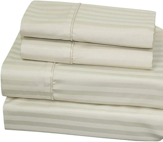 Royal Hotel Bedding 620-Thread-Count Sheet Set, Wrinkle-Free Cotton-Blend Sheets, Sateen Striped, Deep Pocket, King Size, Ivory