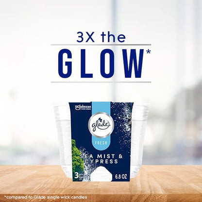 Glade 3-Wick Scented Candle Jar, Sea Mist & Cypress, Air Freshener Infused with Essential Oils, 6.8 Oz, 3 Count