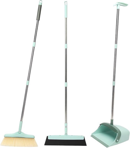 Broom and Dustpan Set,Squeegee Broom,Long Handle Broom and Dustpan Set,Broom with Stand Up Dustpan Combo Set,Squeegee - Kit for Indoor Cleaning 2+1 for Home, Office, Lobby(Green)