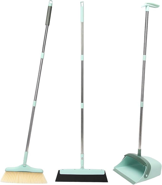 Broom and Dustpan Set,Squeegee Broom,Long Handle Broom and Dustpan Set,Broom with Stand Up Dustpan Combo Set,Squeegee - Kit for Indoor Cleaning 2+1 for Home, Office, Lobby(Green)