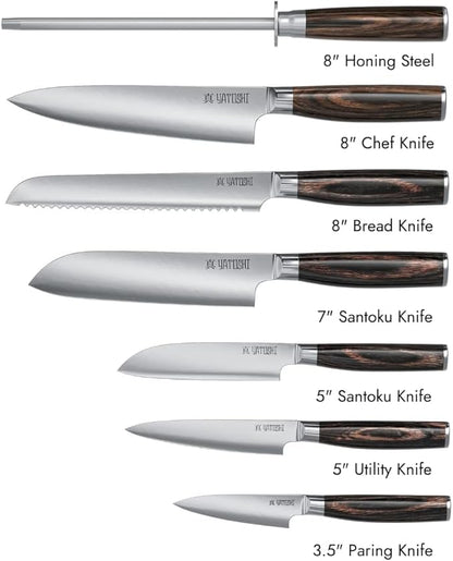 Yatoshi Kitchen Knife Set - 7 Piece, Ultra Sharp High Carbon Stainless Steel, Full Tang